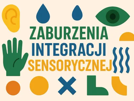 Grafika z ikonami zmysłów (ucho, oko, dłoń) i tekstem "ZABURZENIA INTEGRACJI SENSORYCZNEJ".